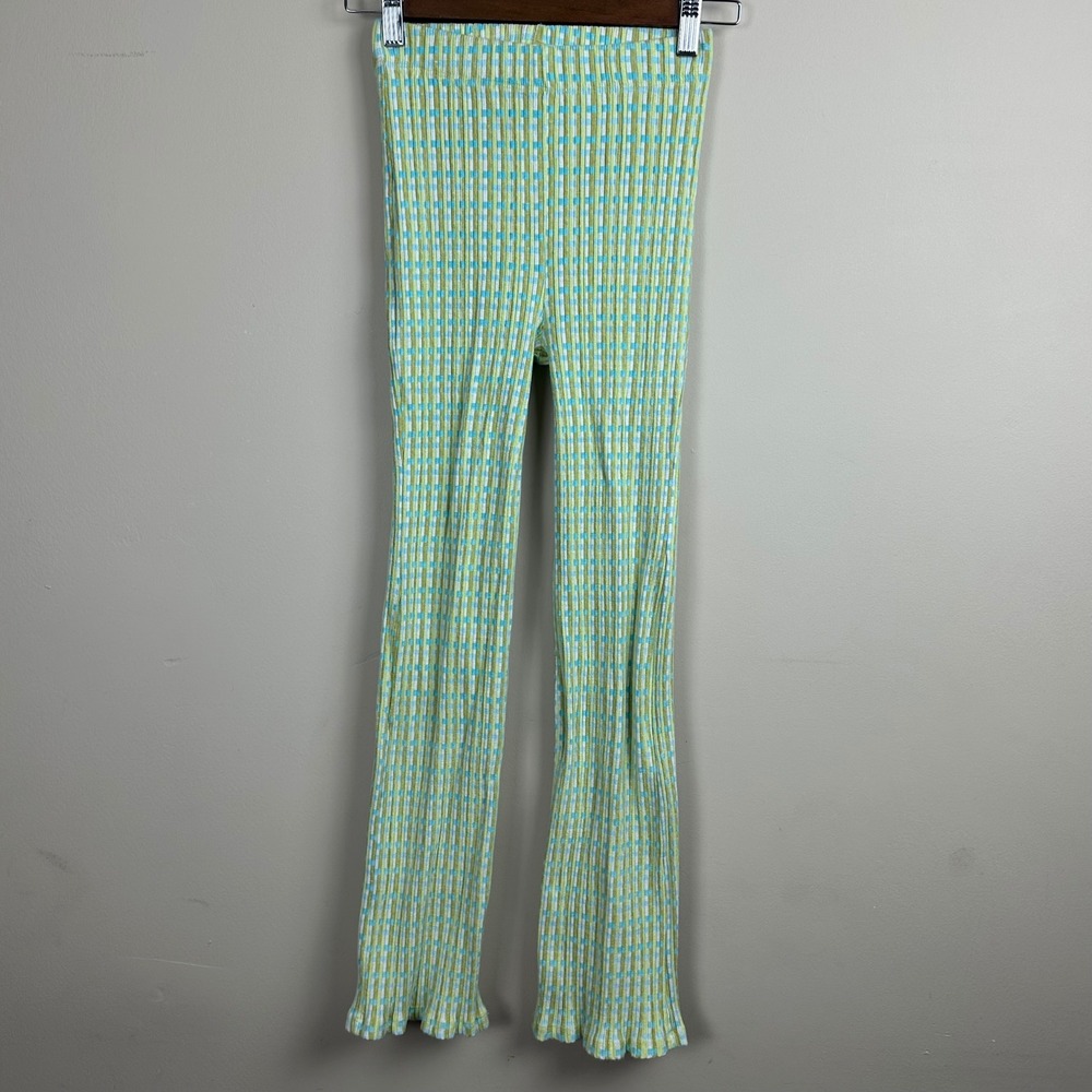 Billabong Women's S Ribbed Flare Pants Green Blue Checkered Y2K Stretch